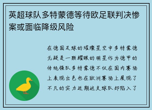 英超球队多特蒙德等待欧足联判决惨案或面临降级风险